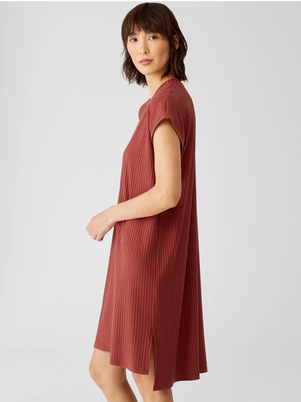 Eileen Fisher Textured Stretch Rib Crew Neck Dress deep terracotta red